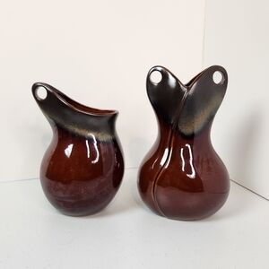 Vintage Red Drip Glaze Pottery Set of 2 Jugs Pitcher Vase Ceramic Glazed Boho